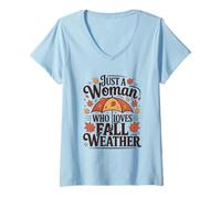Womens Just A Woman Who Loves Fall Weather Autumn Leaves V-Neck T-Shirt