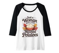Womens Just A Woman Who Loves Mashed Potatoes Autumn Harvest Raglan Baseball Tee