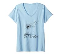 Womens Just Breathe Dandelion Wildflower Troubles Float Away Peace V-Neck T-Shirt