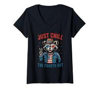 Women's Just Chill The Fourth Out Patriotic Raccoon Meme V-Neck T-Shirt