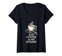 Women's Just Coffee and My Rosary Catholic Prayer Morning Graphic V-Neck T-Shirt