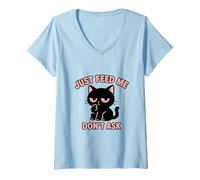 Womens Just Feed Me Don't Ask Funny Kawaii Black Cat V-Neck T-Shirt