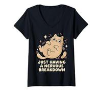 Womens Just Having A Nervous Breakdown Funny Ironic Sarcastic Cat V-Neck T-Shirt