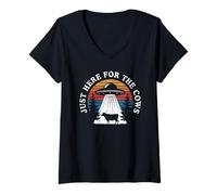Womens Just Here for The Cows Funny UFO Alien Abduction Retro V-Neck T-Shirt