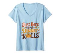 Womens Just Here for The Dinner Rolls Groovy 70s Retro Thanksgiving V-Neck T-Shirt