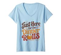 Womens Just Here for The Dinner Rolls Groovy 70s Retro Thanksgiving V-Neck T-Shirt