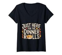 Womens Just Here for The Dinner Rolls Groovy Thanksgiving Fall Leaf V-Neck T-Shirt