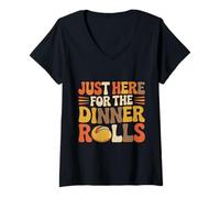 Womens Just Here for The Dinner Rolls Groovy Thanksgiving Rolls V-Neck T-Shirt