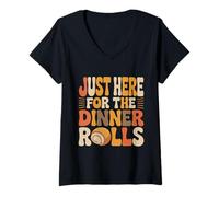 Womens Just Here for The Dinner Rolls Groovy Thanksgiving Rolls V-Neck T-Shirt