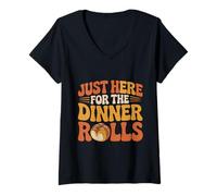 Womens Just Here for The Dinner Rolls Groovy Thanksgiving Rolls V-Neck T-Shirt