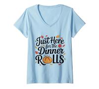 Womens Just Here for The Dinner Rolls Retro Thanksgiving Fall Leaf V-Neck T-Shirt