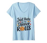Womens Just Here for The Dinner Rolls Retro Thanksgiving Fall Leaf V-Neck T-Shirt