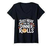 Womens Just Here for The Dinner Rolls Retro Thanksgiving Fall Leave V-Neck T-Shirt