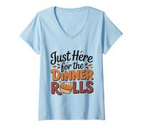 Womens Just Here for The Dinner Rolls Thanksgiving Autumn Fall Leaf V-Neck T-Shirt