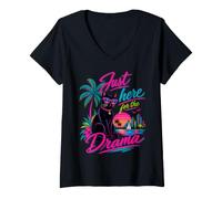 Women's Just Here for the Drama Black Cat Tropical Retro V-Neck T-Shirt