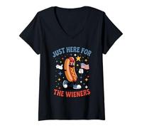 Womens Just Here for The Wieners Patriotic Funny BBQ Fourth of July V-Neck T-Shirt
