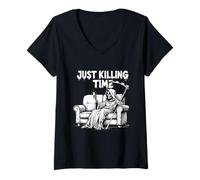 Womens Just Killing Time - Grim Reaper Couch Scrolling V-Neck T-Shirt