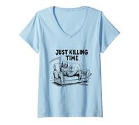 Womens Just Killing Time - Grim Reaper Couch Scrolling V-Neck T-Shirt
