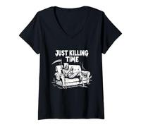 Womens Just Killing Time - Grim Reaper Doom Scrolling V-Neck T-Shirt