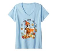 Women's Just One More Chapter Skeleton Reader Fall Book Lover Autumn V-Neck T-Shirt