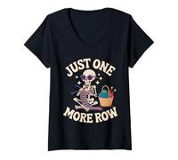 Women's Just One More Row Skeleton Knitter Halloween Funny Crafting V-Neck T-Shirt