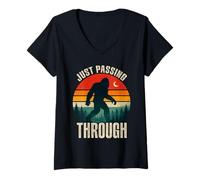 Women's Just Passing Through Bigfoot Funny Retro Sasquatch V-Neck T-Shirt