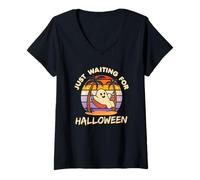 Womens Just Waiting for Halloween Cute Summerween Vintage Sunset V-Neck T-Shirt