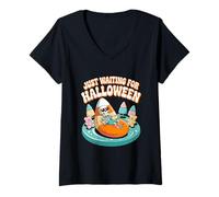 Womens Just Waiting for Halloween Skeleton Funny Candy Halloweeen V-Neck T-Shirt