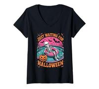 Womens Just Waiting for Halloween Spooky Ghosts Pumpkins Full Moon V-Neck T-Shirt