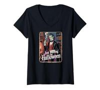 Womens JUST WAITING FOR HALLOWEEN with Vampire V-Neck T-Shirt