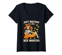 Womens Just waiting on the ber months Summerween skeleton halloween V-Neck T-Shirt