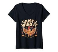 Women's Just Wing It Chicken Lover Farm Pun V-Neck T-Shirt