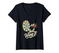 Women's Just Wing It Darts League Flying Dart Joke V-Neck T-Shirt