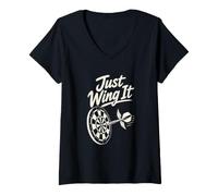 Women's Just Wing It Winged Dart Pub Humor V-Neck T-Shirt