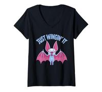 Women's Just Wingin' It Derpy Albino Bat V-Neck T-Shirt