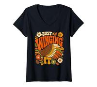 Women's Just Winging It Groovy Retro Thanksgiving Turkey Meme Design V-Neck T-Shirt