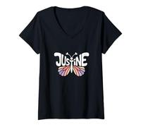 Womens Justine Butterfly - Personalized Cute Name Word Art V-Neck T-Shirt
