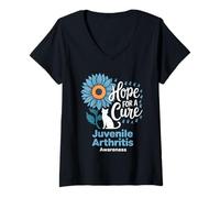 Womens Juvenile Arthritis Awareness Hope Cure Cat Sunflower V-Neck T-Shirt