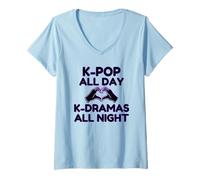 Womens K-pop All Day K-Dramas at Night Korean Heart Hands V-Neck T-Shirt
