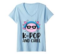 Women's K-Pop and Chill Axolotl Headphones Music Notes V-Neck T-Shirt