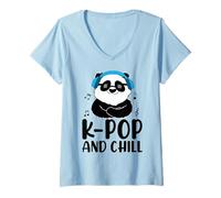 Women's K-Pop and Chill Panda Headphones Music Notes V-Neck T-Shirt
