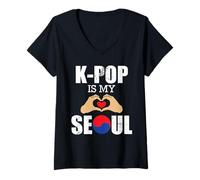 Womens K-Pop is My Seoul Funny Pun Korean Flag & Love Hand Sign V-Neck T-Shirt