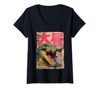 Womens Kaiju Crocodile Monster Vintage Japanese Poster Art V-Neck T-Shirt