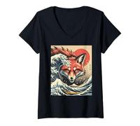 Womens Kaiju Fox of The Waves Japanese Ukiyo-e Inspired Artwork V-Neck T-Shirt