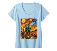 Women's Kaiju Monster Japanese Vangogh Space Moon Planet Scene V-Neck T-Shirt