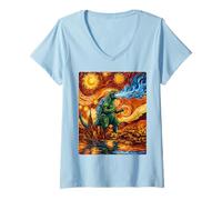 Women's Kaiju Monster Japanese Vangogh Space Moon Planet Scene V-Neck T-Shirt