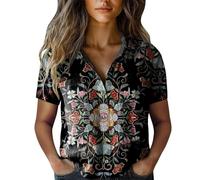 Womens Kaleidoscope Print Short Sleeve Shirt V Neck Button Down Blouse Summer Casual Boho Tops Ladies Loose Fit Vintage Mandala Tunic Shirts Black XXL