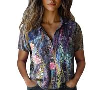 Womens Kaleidoscope Print Short Sleeve Shirt V Neck Button Down Blouse Summer Casual Boho Tops Ladies Loose Fit Vintage Mandala Tunic Shirts Purple M