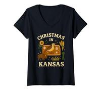 Womens Kansas Meadowlark Shirt Christmas Buffalo Holiday State Map V-Neck T-Shirt