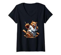 Womens Karate Bear Breaking Boards Martial Arts Kick V-Neck T-Shirt
